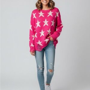 Fantastic Fawn Vibrant Pink Star Sweater. Rough Edge. Size Medium